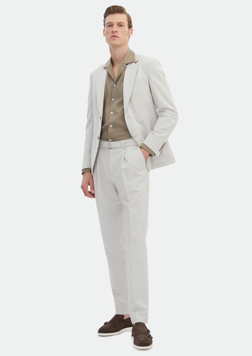 Beige Plain Zeroweight Slim Fit Cotton Blended Suit - 2