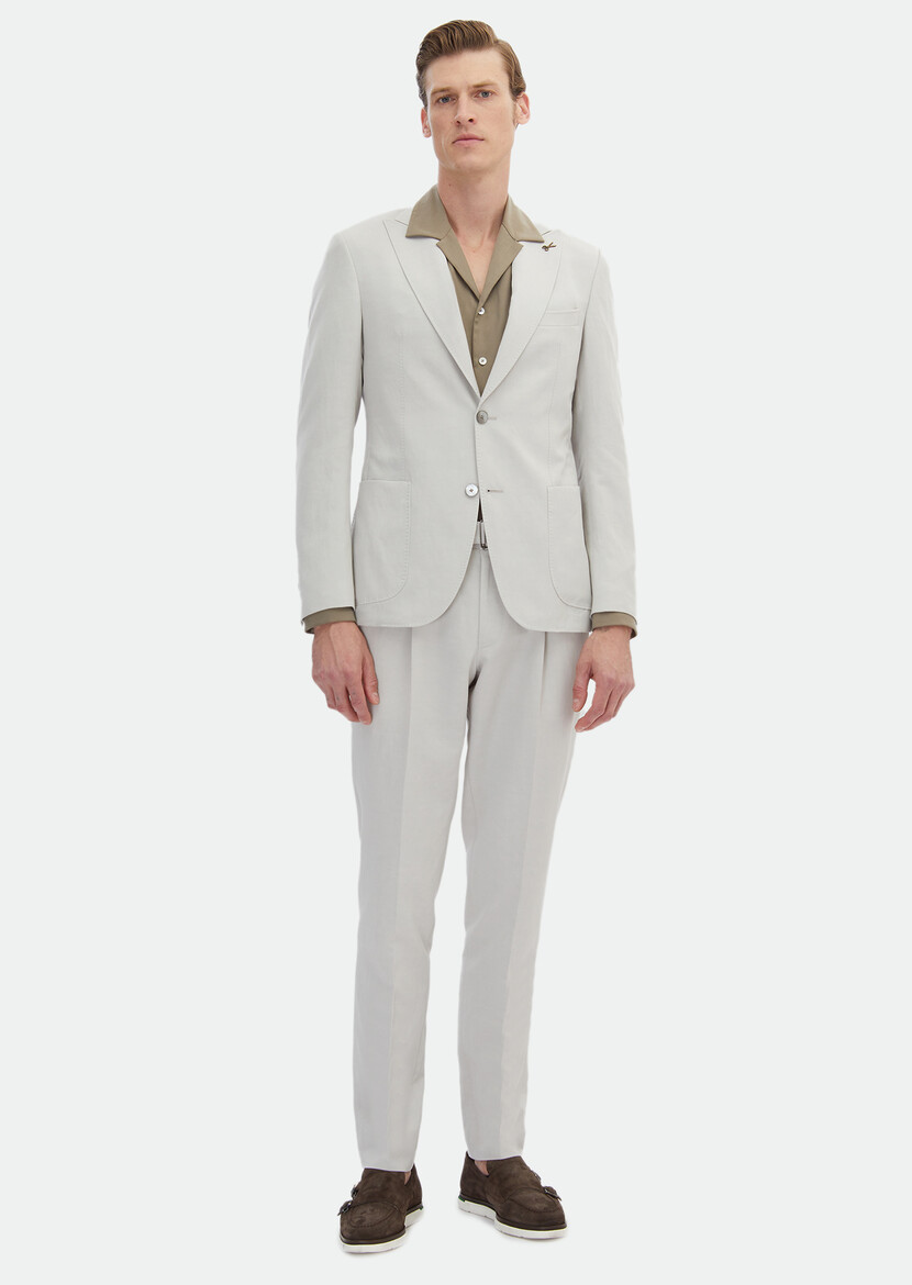 Beige Plain Zeroweight Slim Fit Cotton Blended Suit - 3