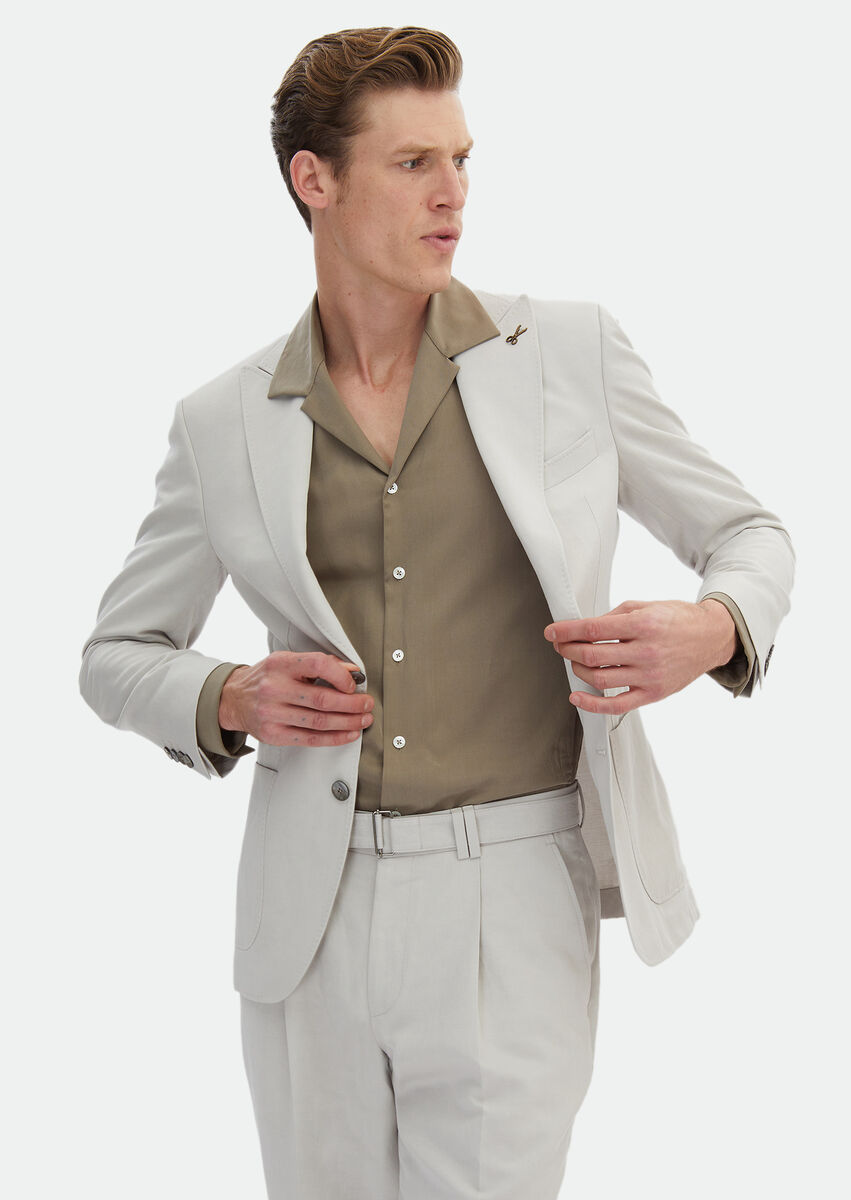 Beige Plain Zeroweight Slim Fit Cotton Blended Suit - 4