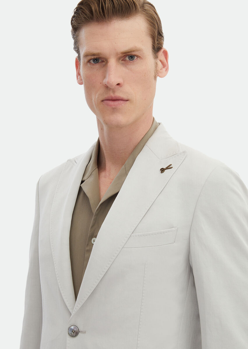 Beige Plain Zeroweight Slim Fit Cotton Blended Suit - 5