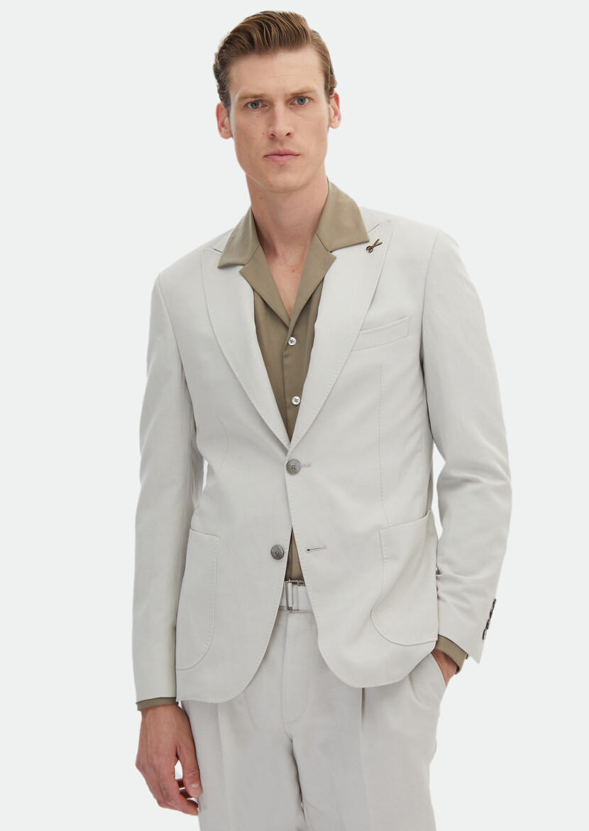 Beige Plain Zeroweight Slim Fit Cotton Blended Suit - RAMSEY