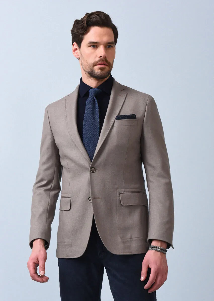 Beige Plain Zeroweight Slim Fit Wool Blended Jacket - 4