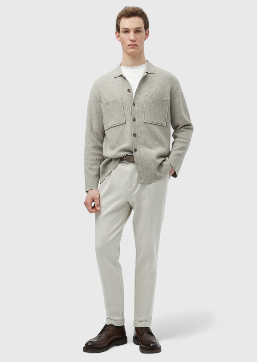 Beige Polo Neck Jacquard Wool Blended Cardigan 