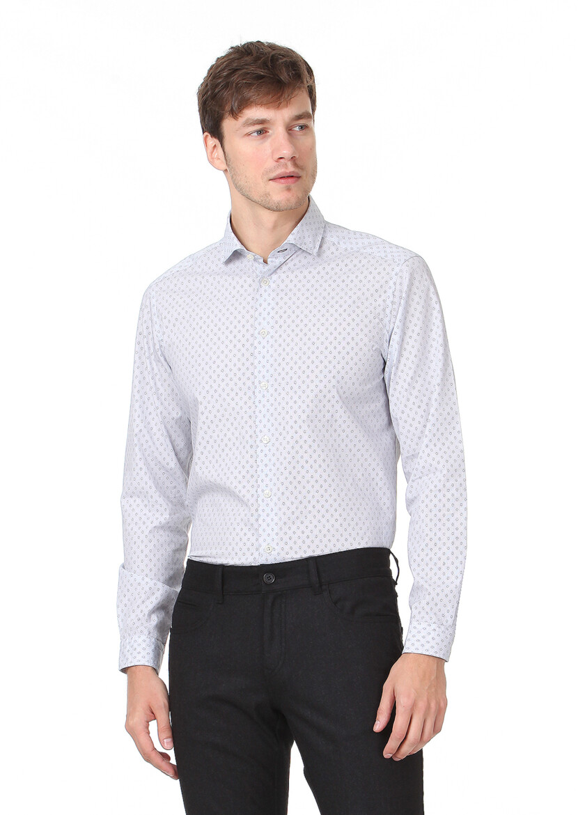 Beige Printed Regular Fit Long Weaving Casual 100% Cotton Shirt - 3