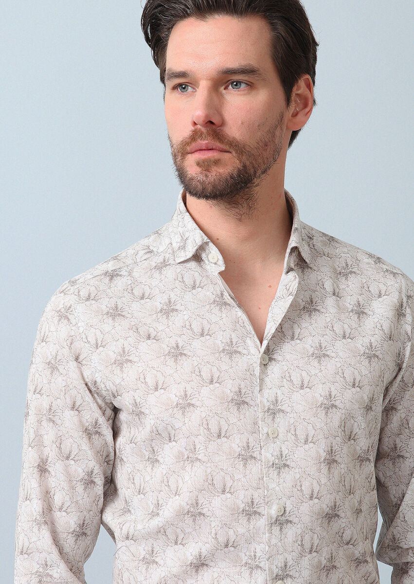 Beige Printed Regular Fit Long Weaving Casual 100% Cotton Shirt - 1