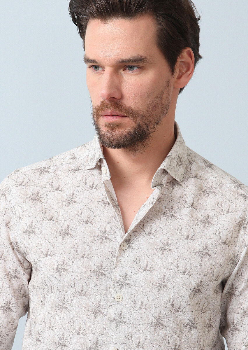 Beige Printed Regular Fit Long Weaving Casual 100% Cotton Shirt - 2