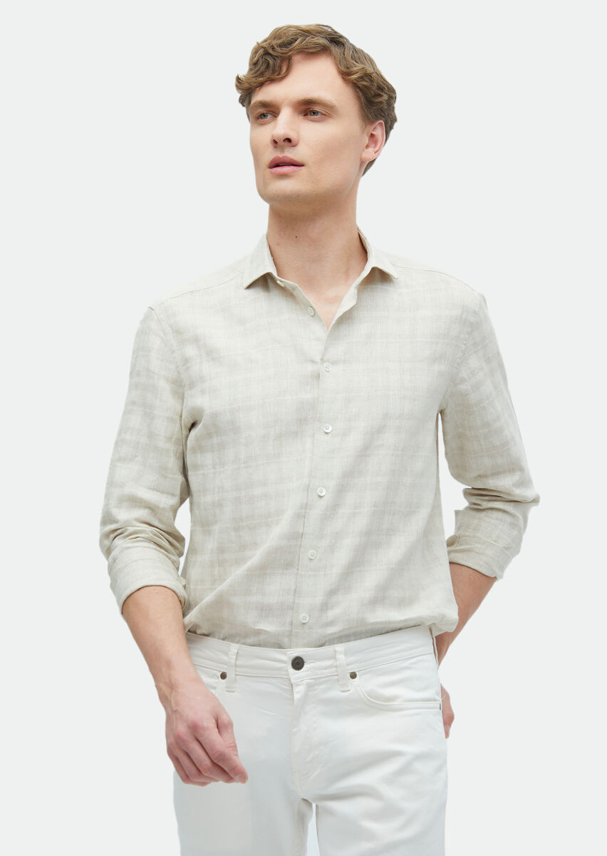 Beige Printed Regular Fit Long Weaving Casual 100% Linen Shirt - 1