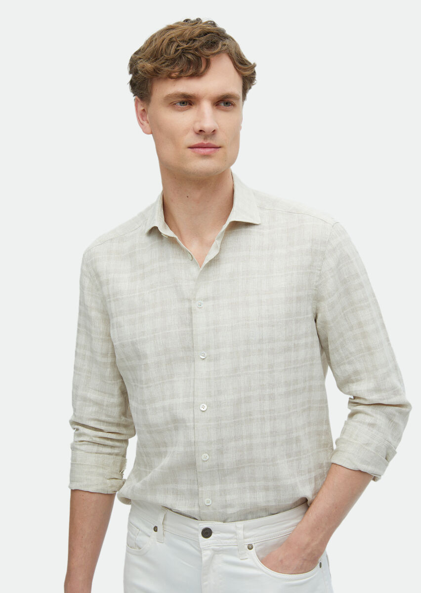 Beige Printed Regular Fit Long Weaving Casual 100% Linen Shirt - 3