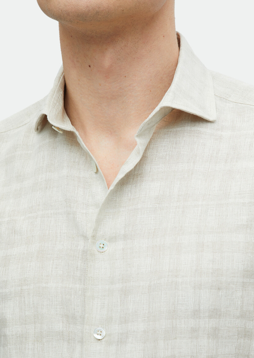 Beige Printed Regular Fit Long Weaving Casual 100% Linen Shirt - 4