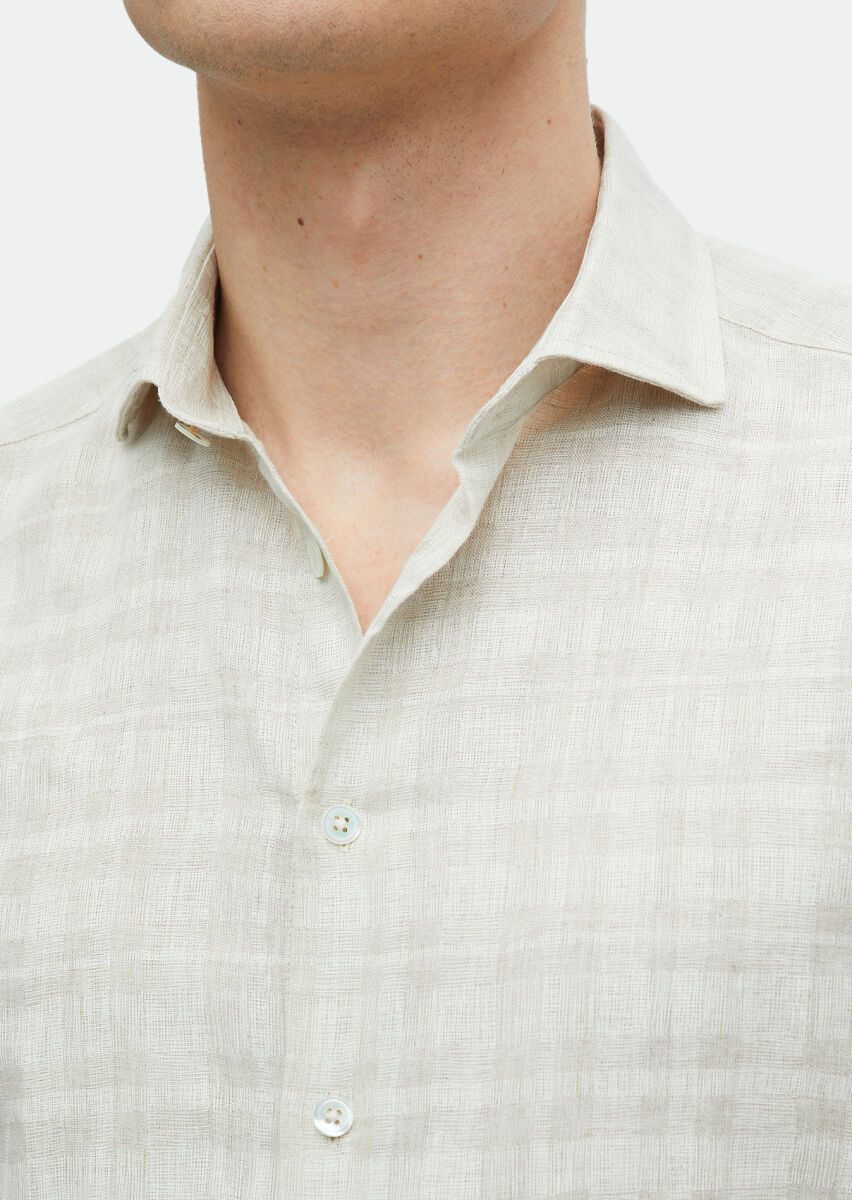 Beige Printed Regular Fit Long Weaving Casual 100% Linen Shirt - 4