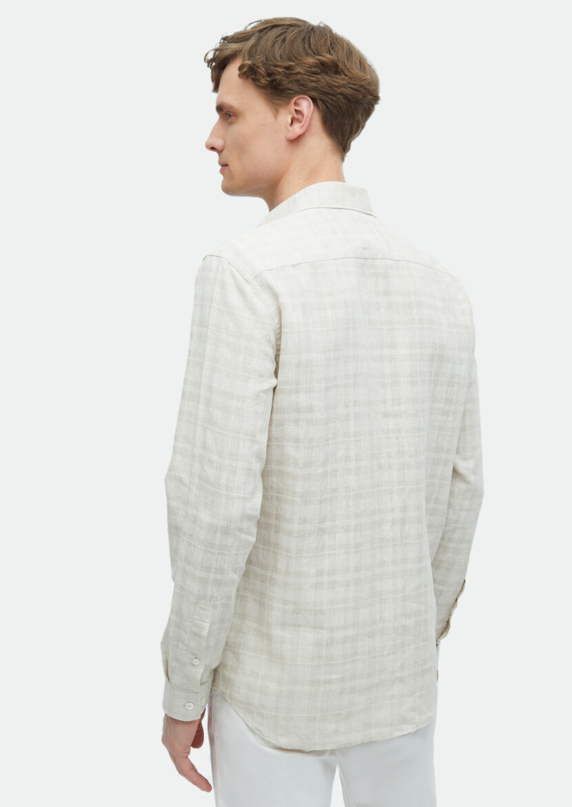 Beige Printed Regular Fit Long Weaving Casual 100% Linen Shirt - 6