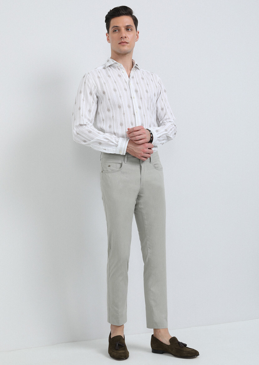 Beige Printed Regular Fit Long Weaving Casual Cotton Blended Shirt - 1
