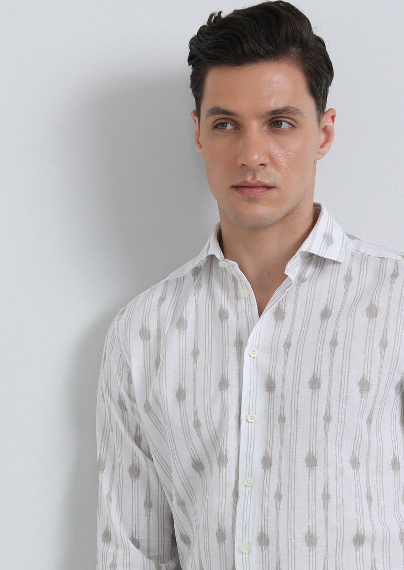 Beige Printed Regular Fit Long Weaving Casual Cotton Blended Shirt - 2