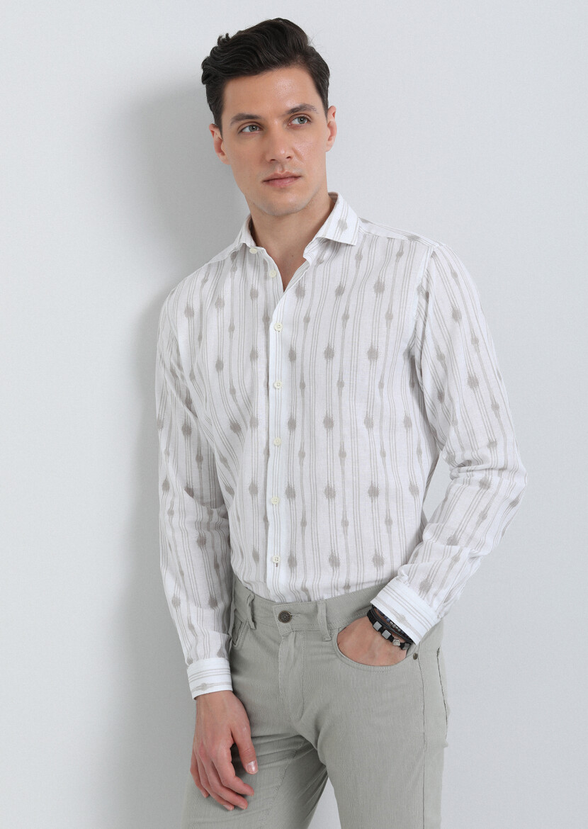 Beige Printed Regular Fit Long Weaving Casual Cotton Blended Shirt - 3