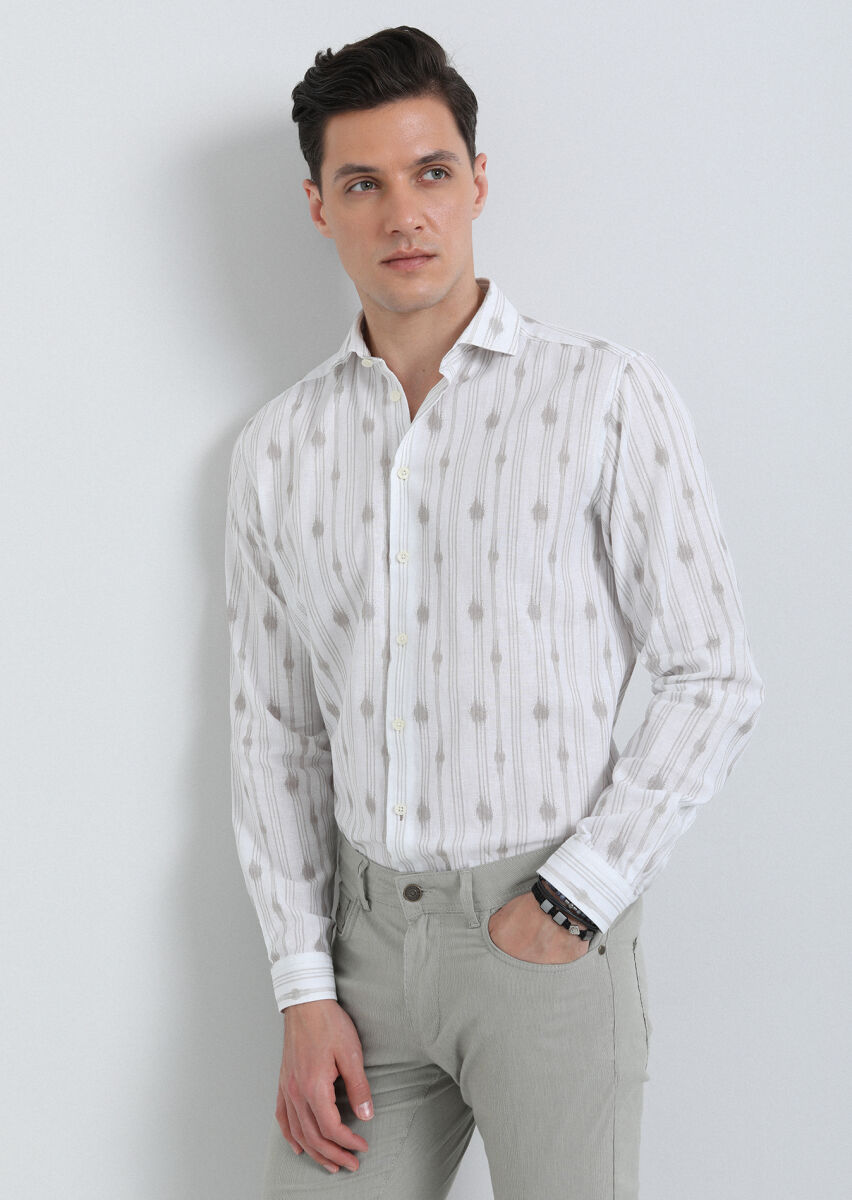 Beige Printed Regular Fit Long Weaving Casual Cotton Blended Shirt - 3