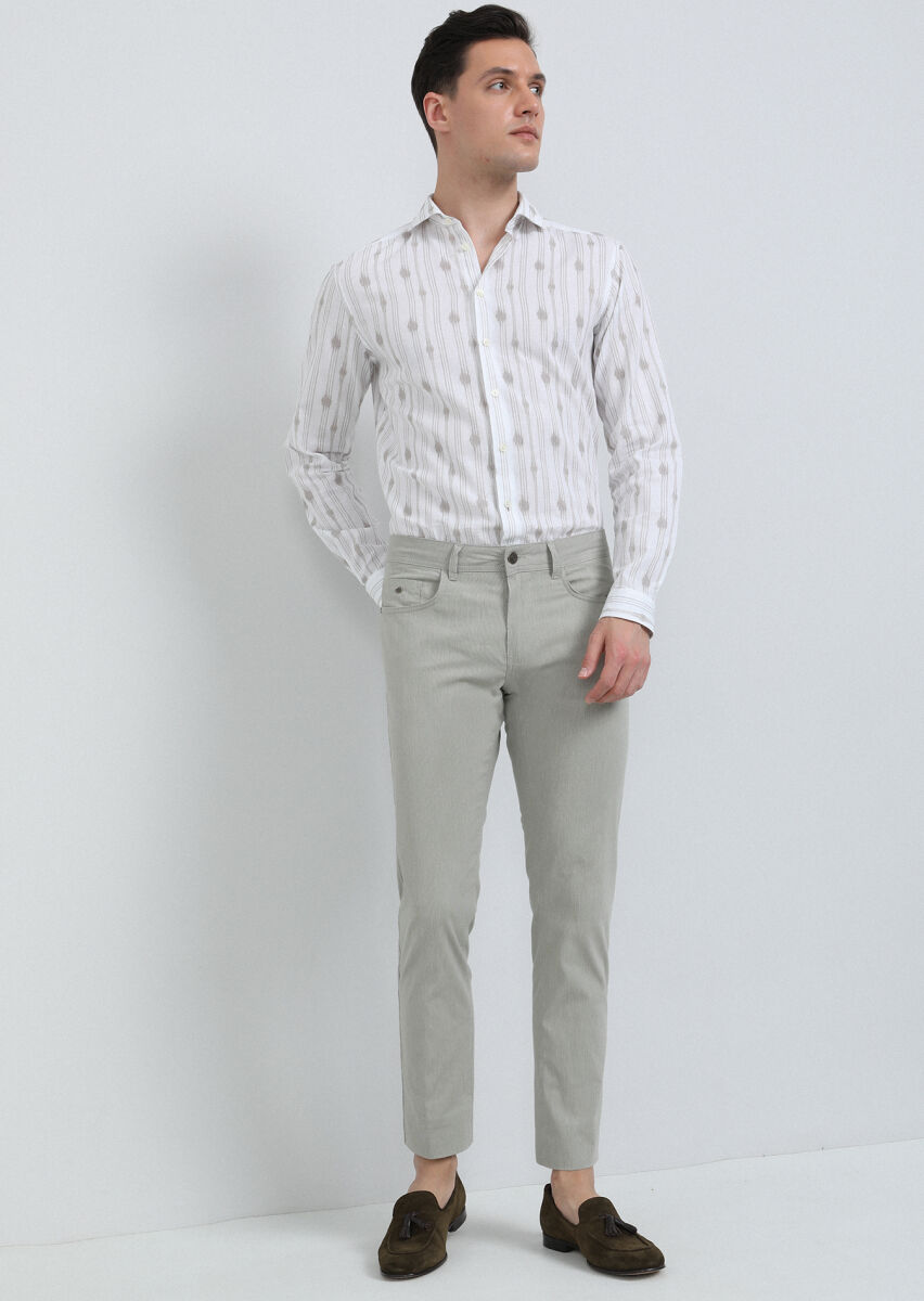 Beige Printed Regular Fit Long Weaving Casual Cotton Blended Shirt - 4