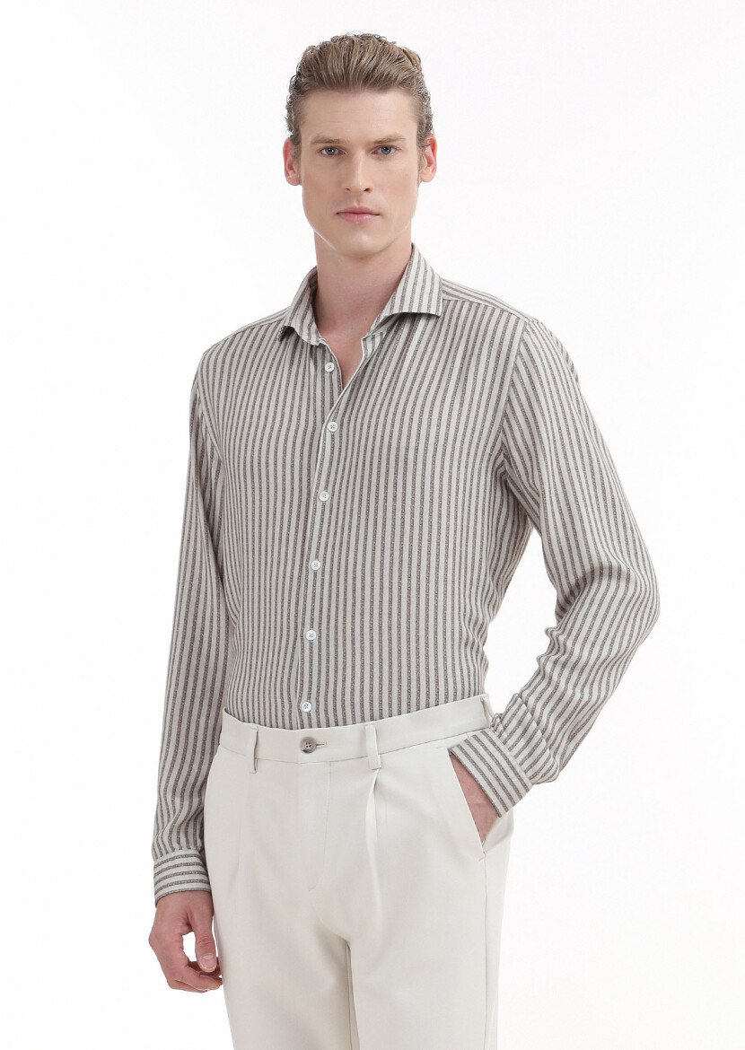 Beige Printed Regular Fit Long Weaving Casual Shirt - 1