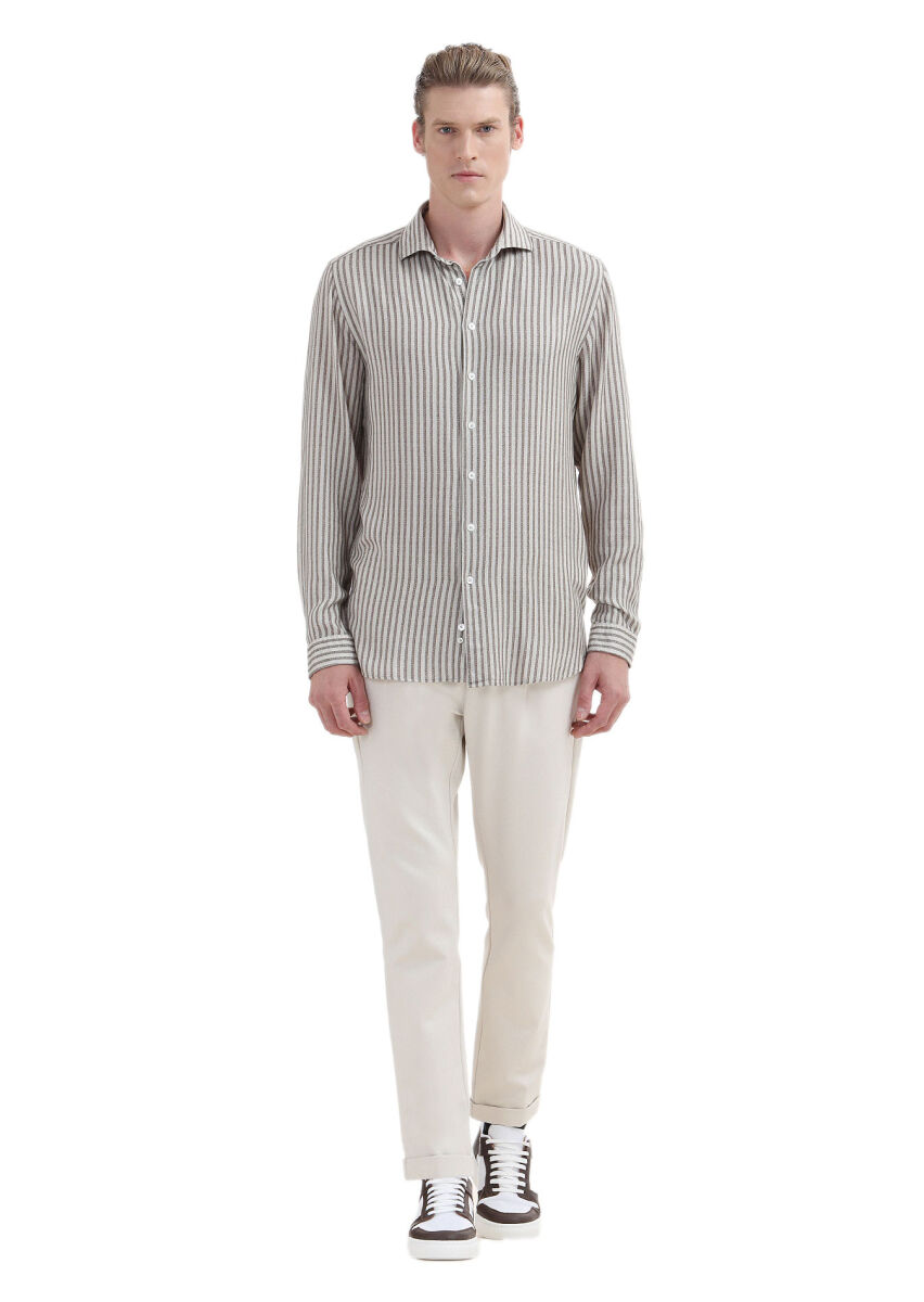 Beige Printed Regular Fit Long Weaving Casual Shirt - 2