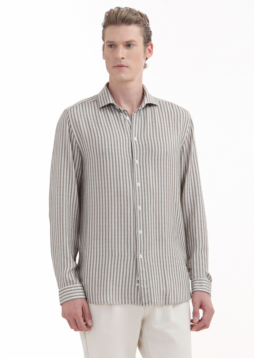 Beige Printed Regular Fit Long Weaving Casual Shirt - 3