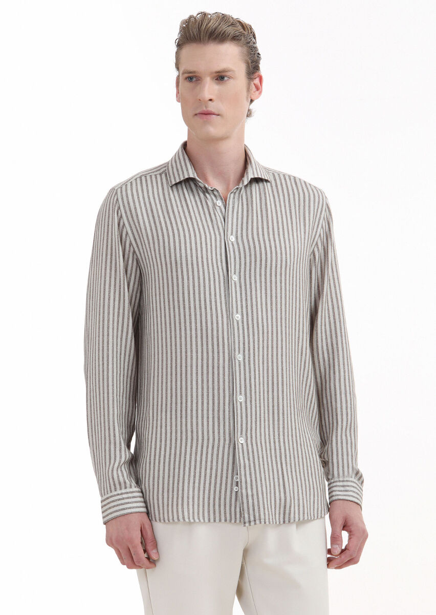 Beige Printed Regular Fit Long Weaving Casual Shirt - 3