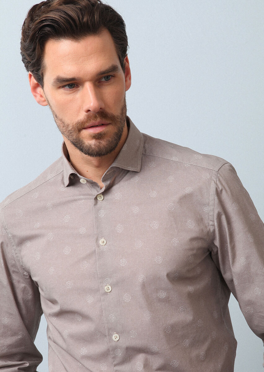 Beige Printed Slim Fit Long Weaving Casual 100% Cotton Shirt - 2