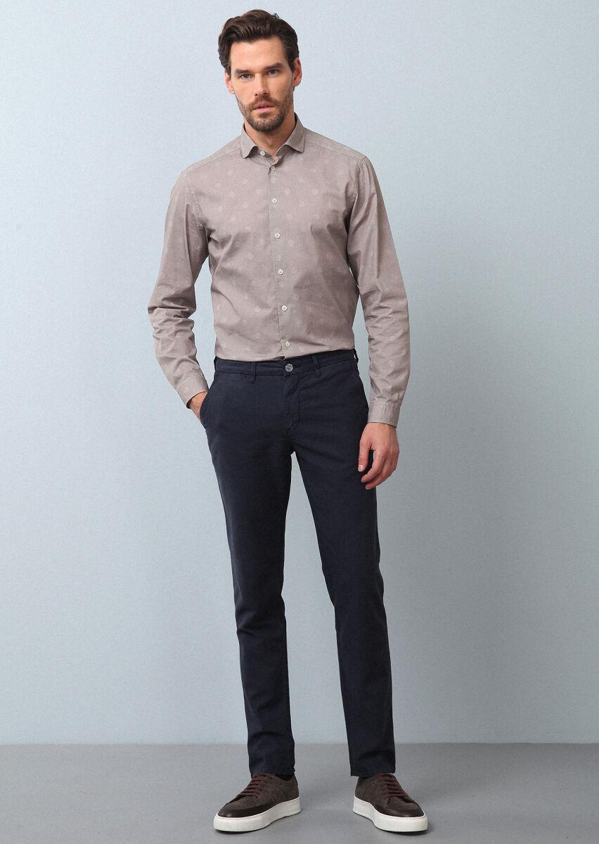 Beige Printed Slim Fit Long Weaving Casual 100% Cotton Shirt - 3