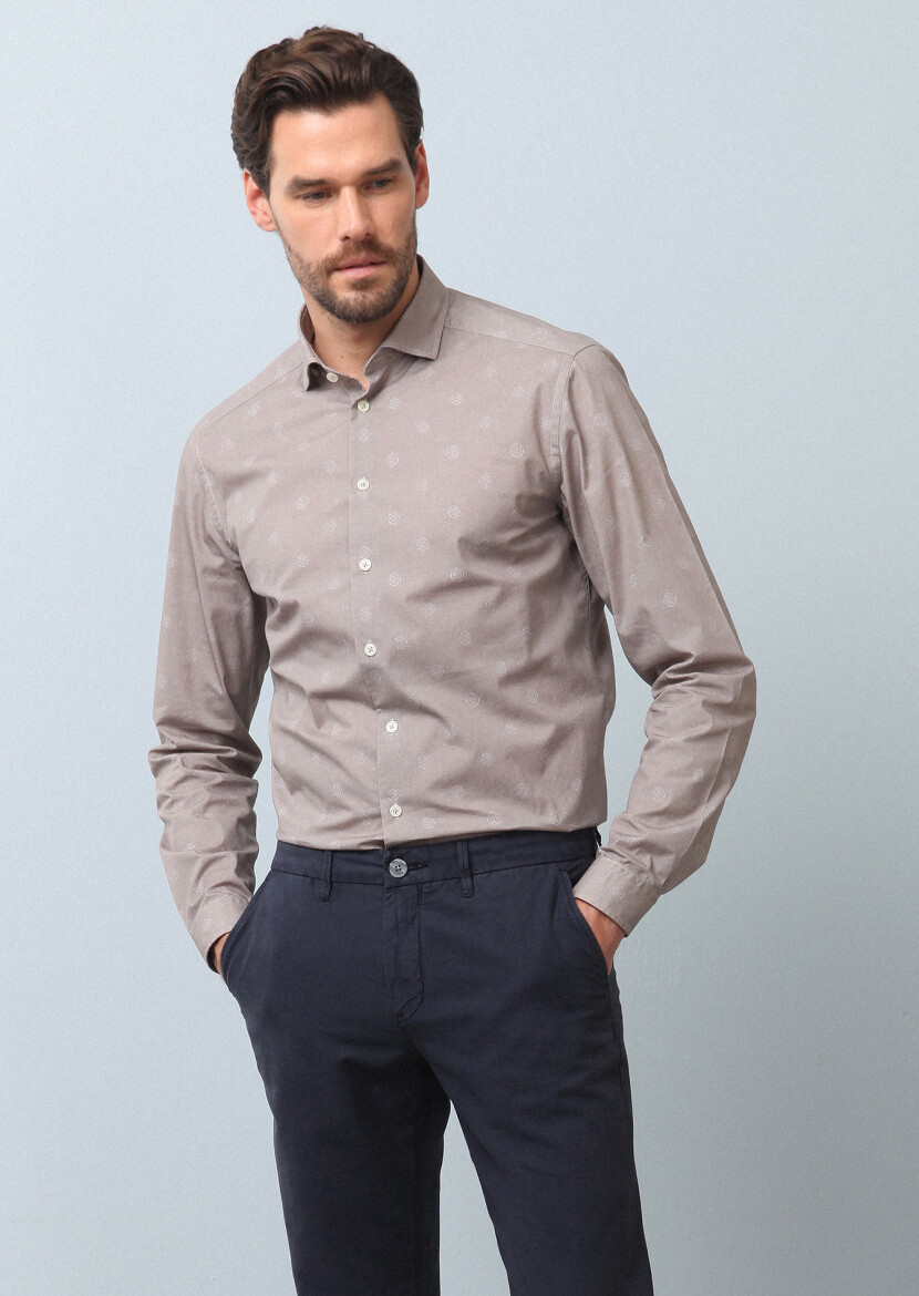 Beige Printed Slim Fit Long Weaving Casual 100% Cotton Shirt - 4