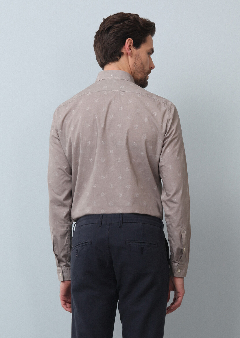 Beige Printed Slim Fit Long Weaving Casual 100% Cotton Shirt - 5