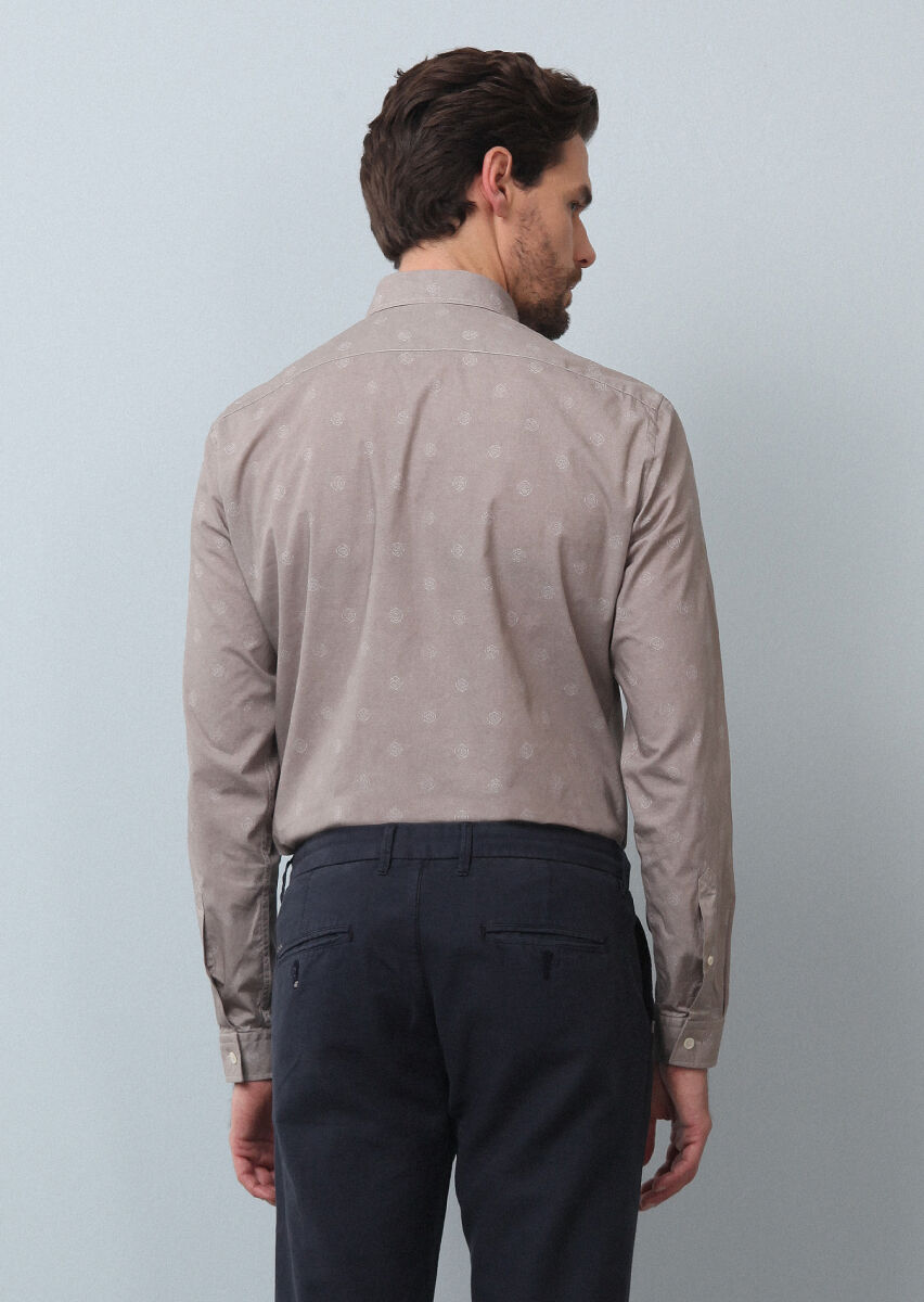Beige Printed Slim Fit Long Weaving Casual 100% Cotton Shirt - 5