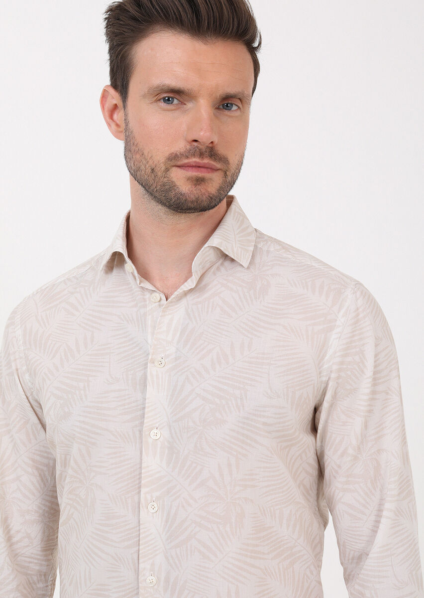Beige Printed Slim Fit Long Weaving Casual 100% Cotton Shirt - 2