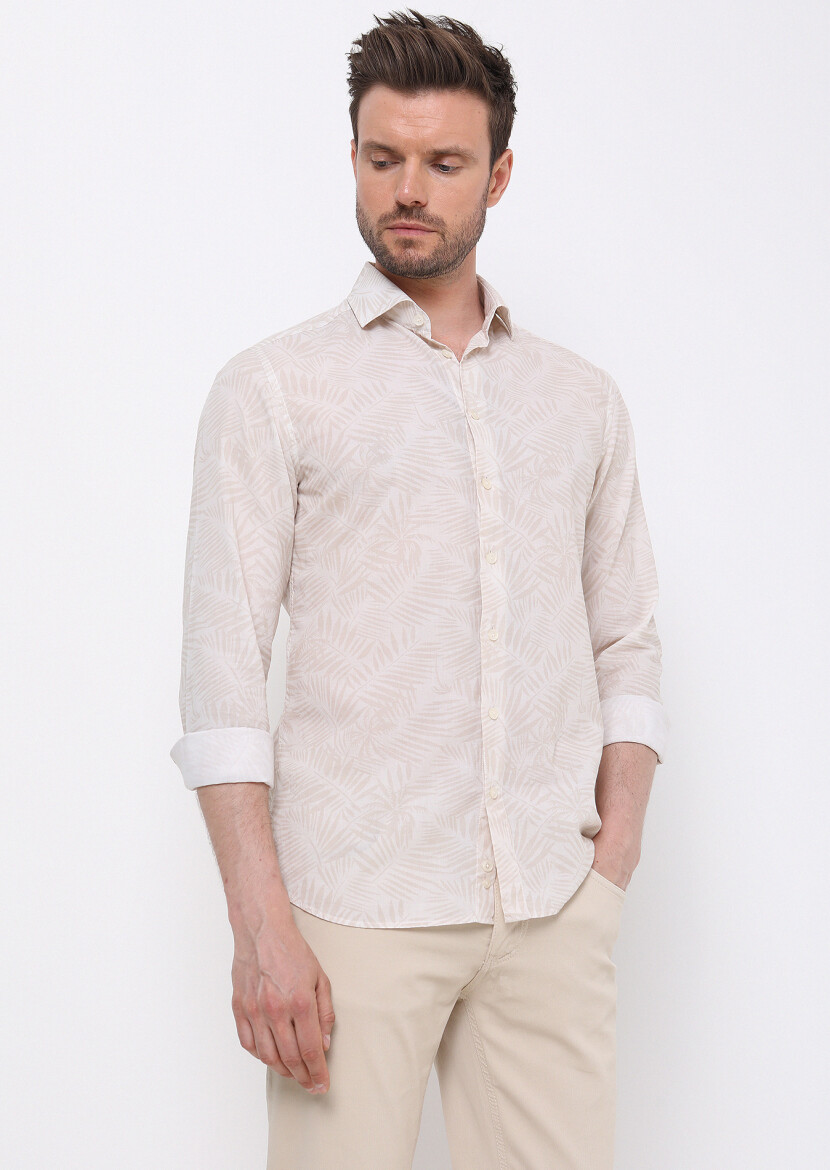 Beige Printed Slim Fit Long Weaving Casual 100% Cotton Shirt - 3