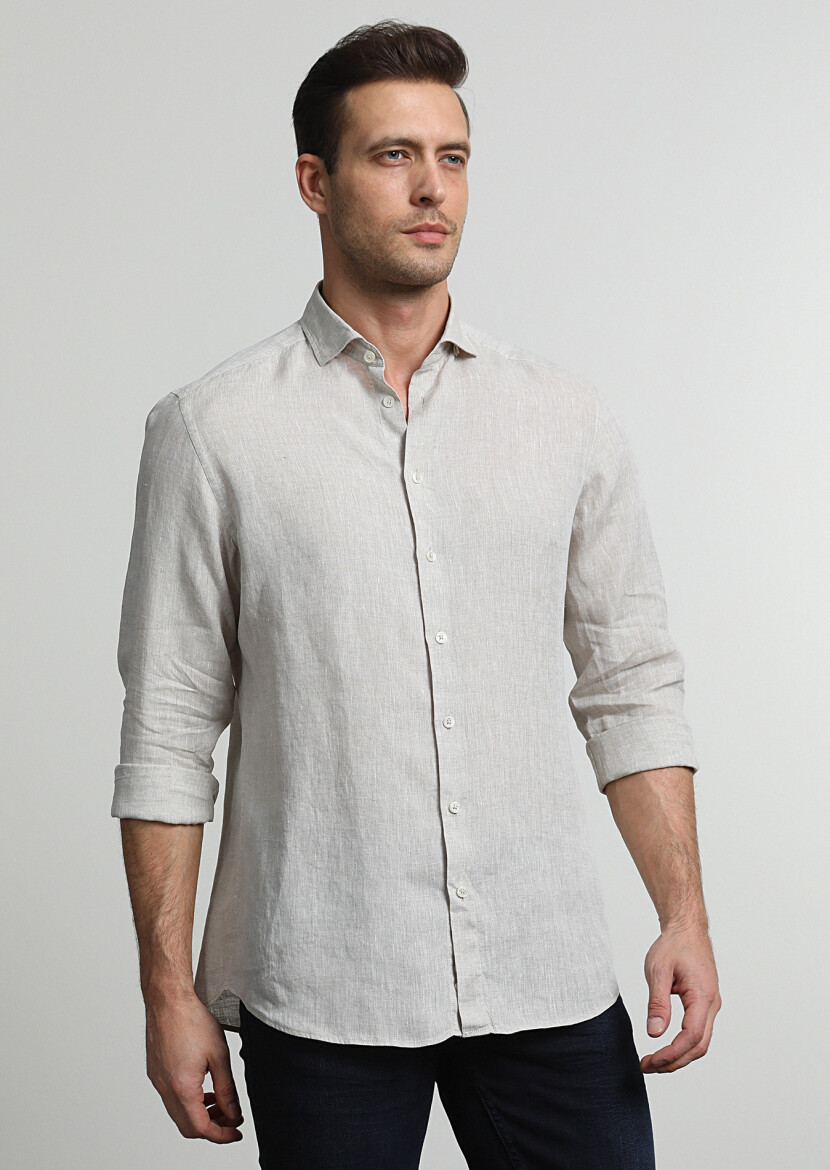 Beige Printed Slim Fit Long Weaving Casual 100% Linen Shirt - 1