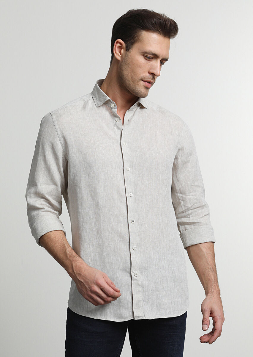 Beige Printed Slim Fit Long Weaving Casual 100% Linen Shirt - 2