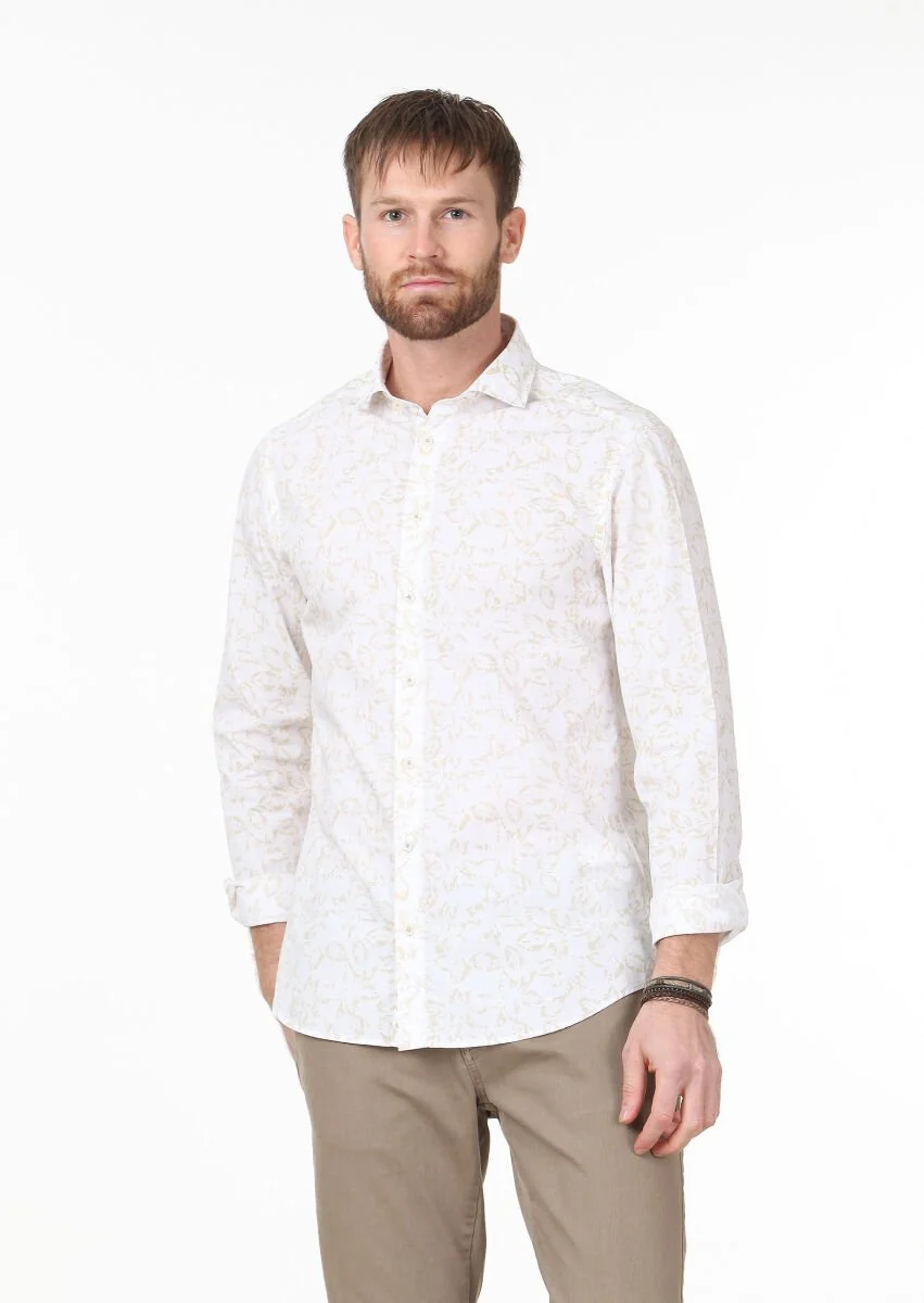 Beige Printed Slim Fit Weaving Casual 100% Cotton Shirt - 1