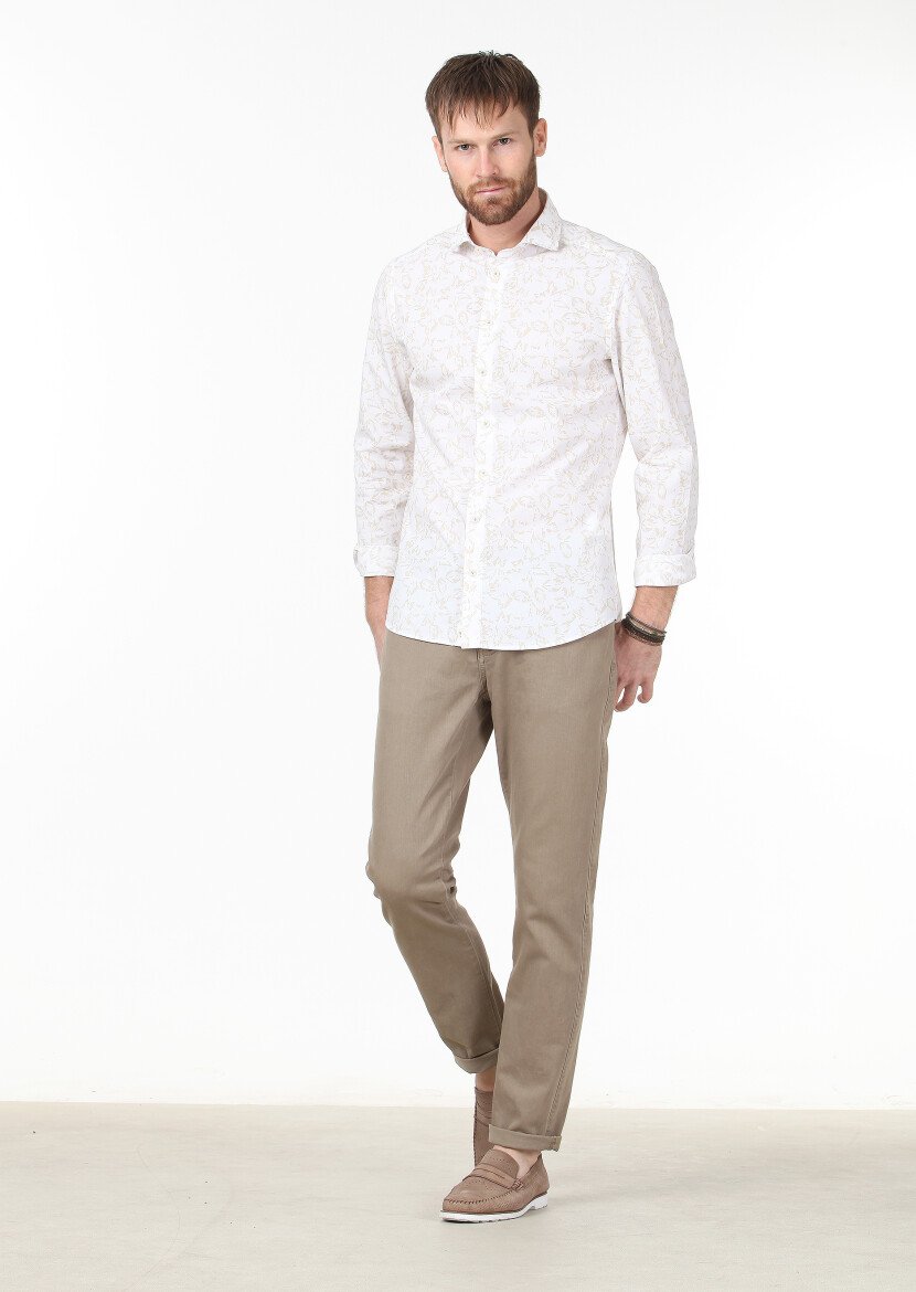 Beige Printed Slim Fit Weaving Casual 100% Cotton Shirt - 2