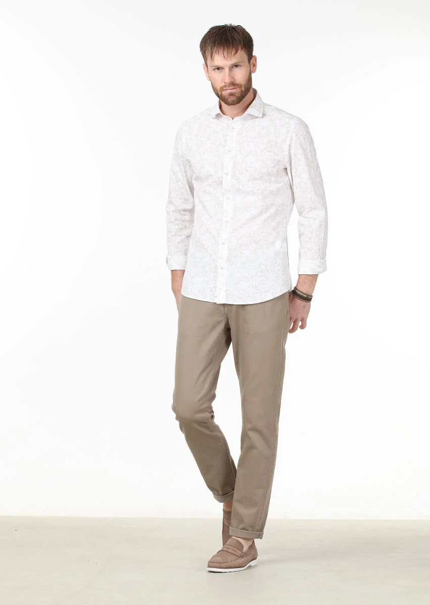 Beige Printed Slim Fit Weaving Casual 100% Cotton Shirt - 2