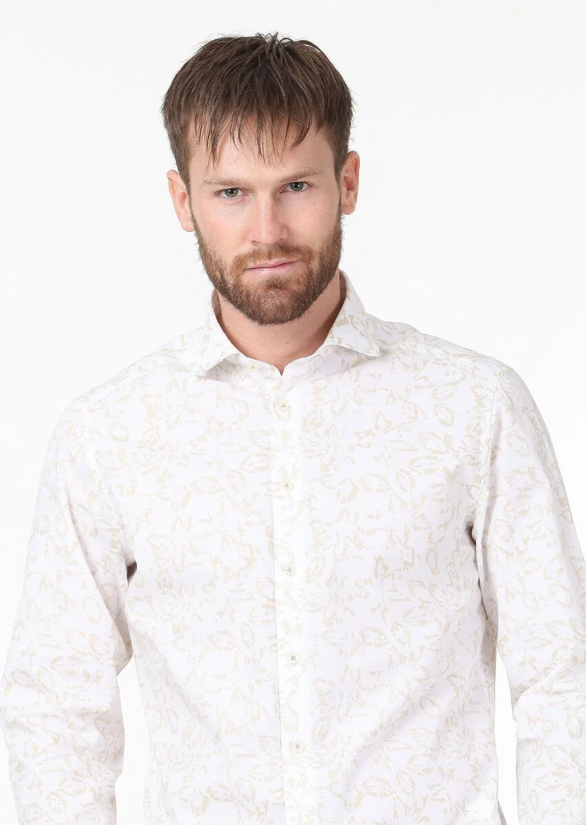 Beige Printed Slim Fit Weaving Casual 100% Cotton Shirt - 3