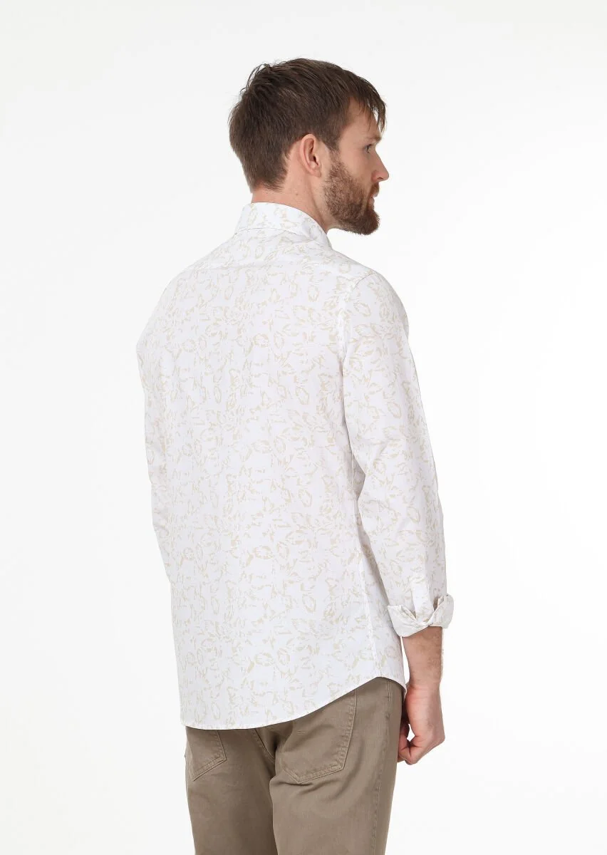 Beige Printed Slim Fit Weaving Casual 100% Cotton Shirt - 4