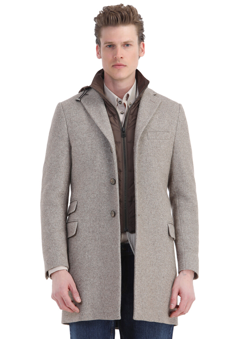 Beige Regular Fit Hidden Hood Casual Knitting Overcoat - 1