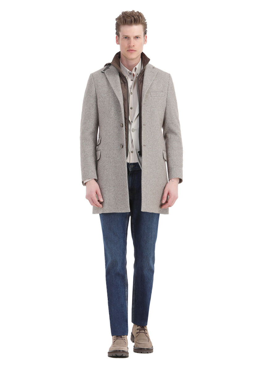 Beige Regular Fit Hidden Hood Casual Knitting Overcoat - 2