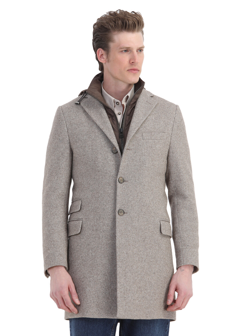 Beige Regular Fit Hidden Hood Casual Knitting Overcoat - 3