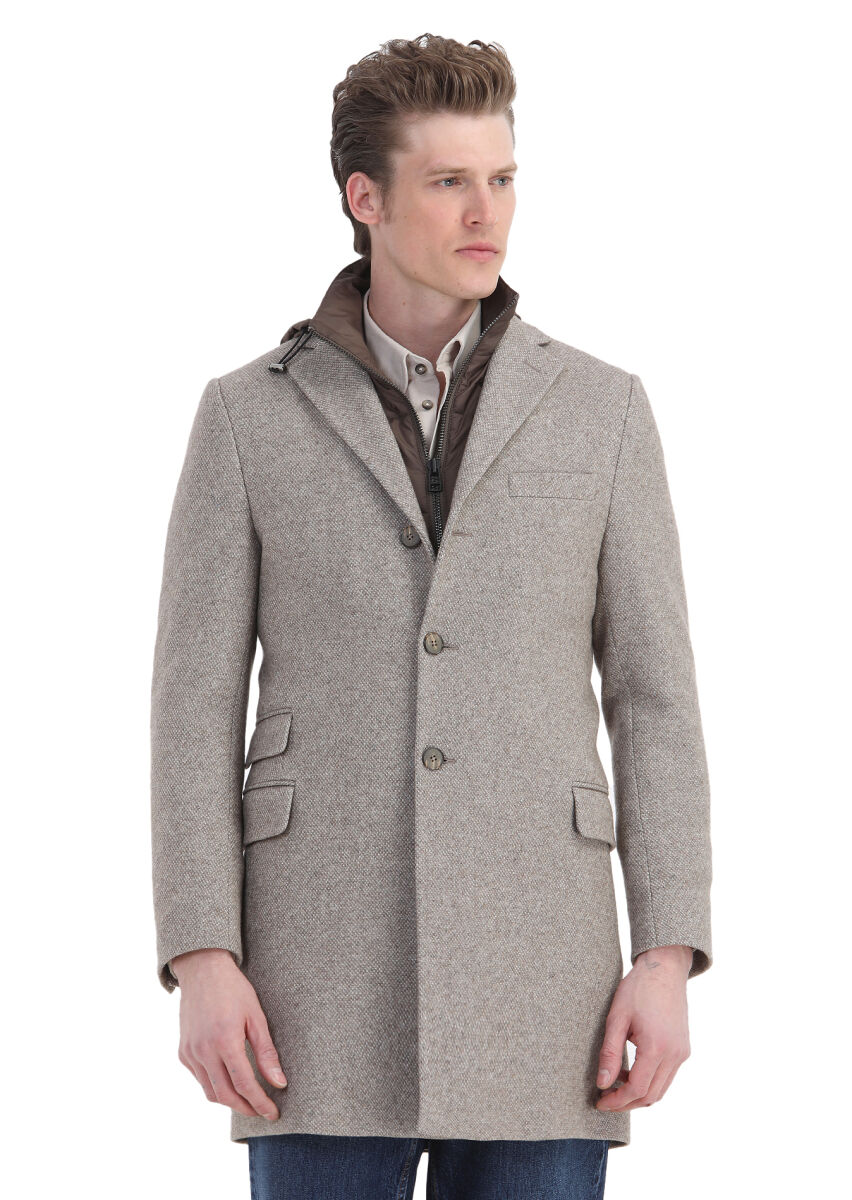 Beige Regular Fit Hidden Hood Casual Knitting Overcoat - 3