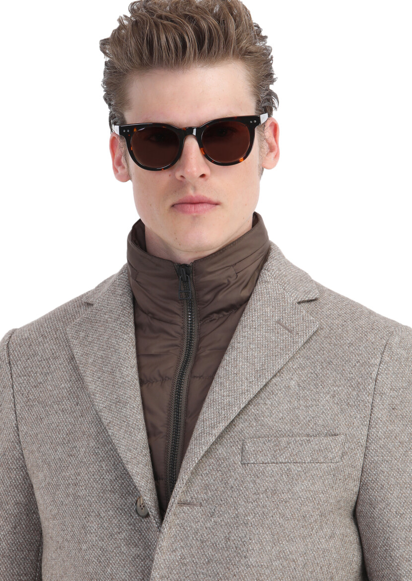 Beige Regular Fit Hidden Hood Casual Knitting Overcoat - 4