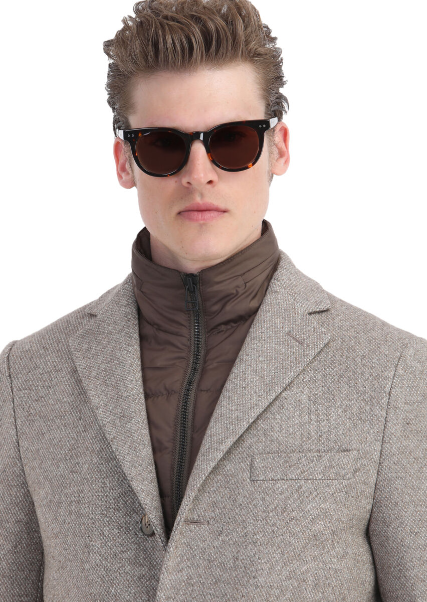Beige Regular Fit Hidden Hood Casual Knitting Overcoat - 4