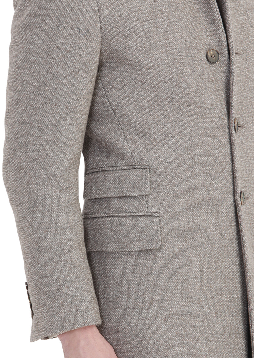 Beige Regular Fit Hidden Hood Casual Knitting Overcoat - 6