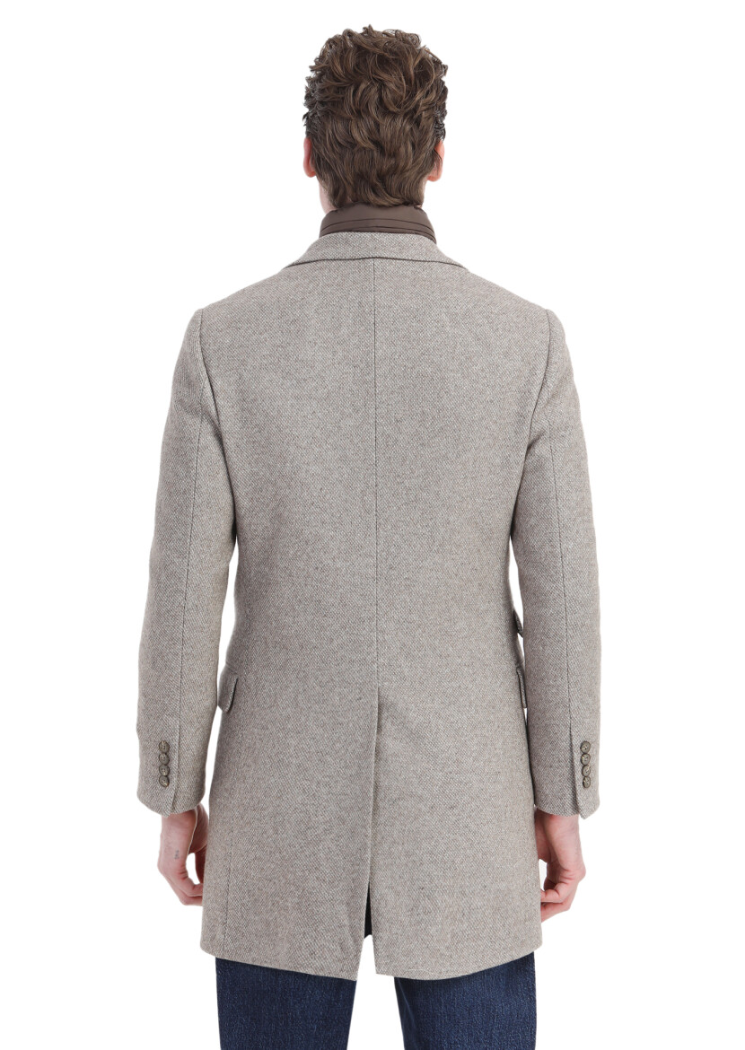 Beige Regular Fit Hidden Hood Casual Knitting Overcoat - 7