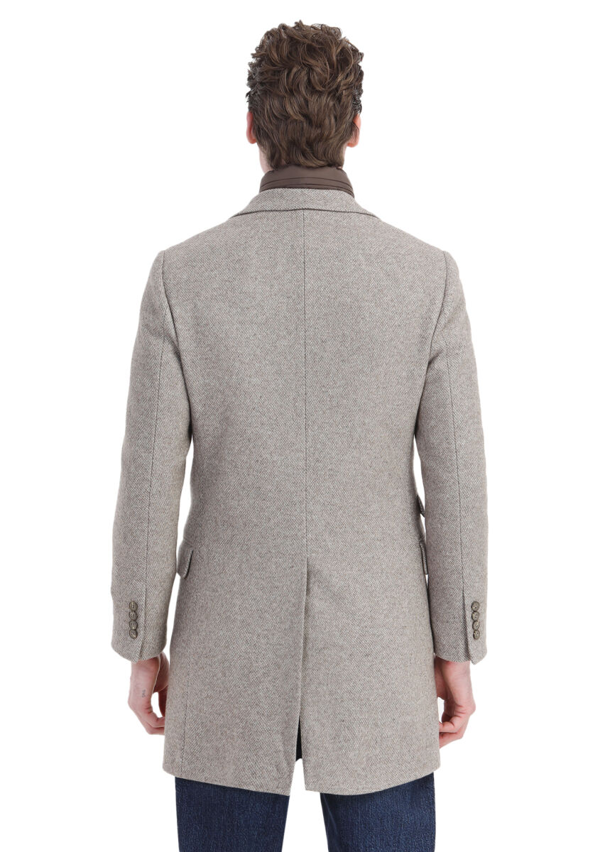Beige Regular Fit Hidden Hood Casual Knitting Overcoat - 7