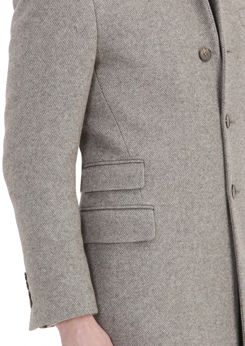 Beige Regular Fit Hidden Hood Casual Knitting Overcoat - 6