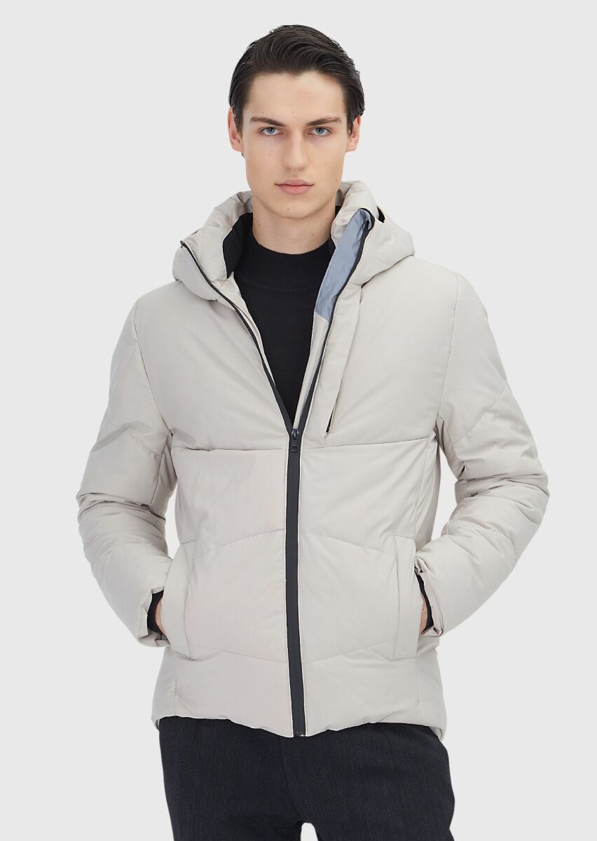 Beige Regular Fit Hooded Casual Weaving Coat - 1