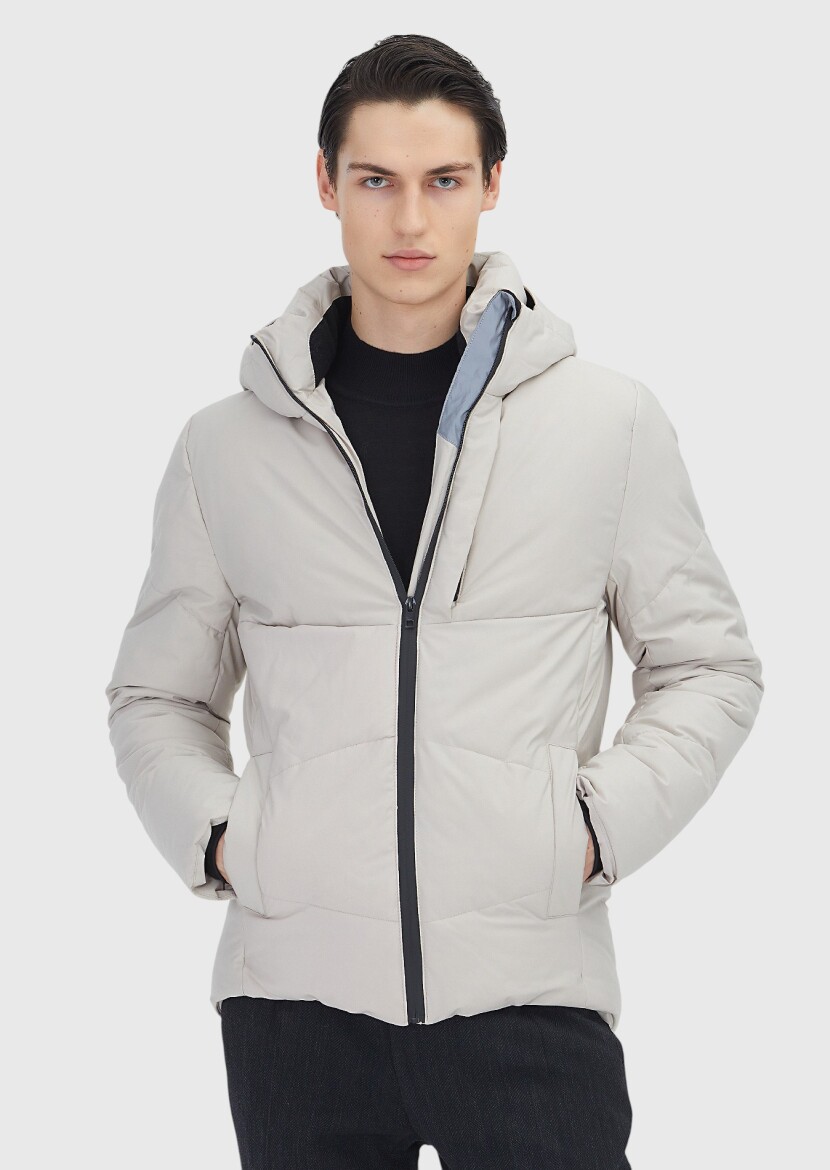 Beige Regular Fit Hooded Casual Weaving Coat - RAMSEY